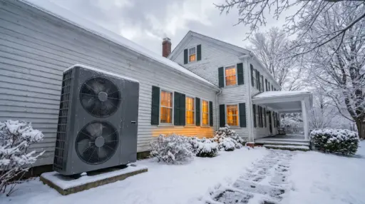 Snow-covered house exterior with visible heat pump and illuminated windows in winter setting