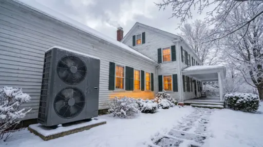 Snow-covered house exterior with visible heat pump and illuminated windows in winter setting