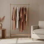 Clothing rack with earth-toned garments next to beige armchair in minimalist room