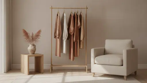 Clothing rack with earth-toned garments next to beige armchair in minimalist room