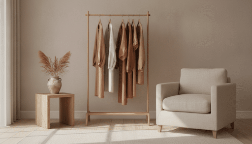 Clothing rack with earth-toned garments next to beige armchair in minimalist room