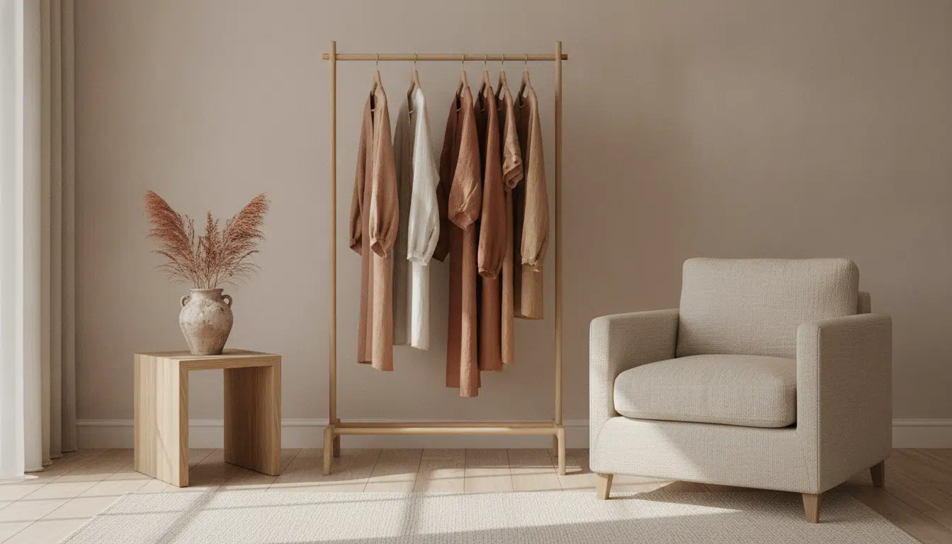 Clothing rack with earth-toned garments next to beige armchair in minimalist room