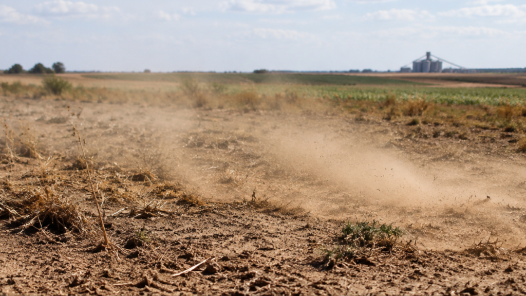 Dry agricultural field with loose soil particles blowing across the ground during wind erosion