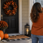 woman decorating her front porch with pumpkins, spiderwebs, and other Halloween decorations