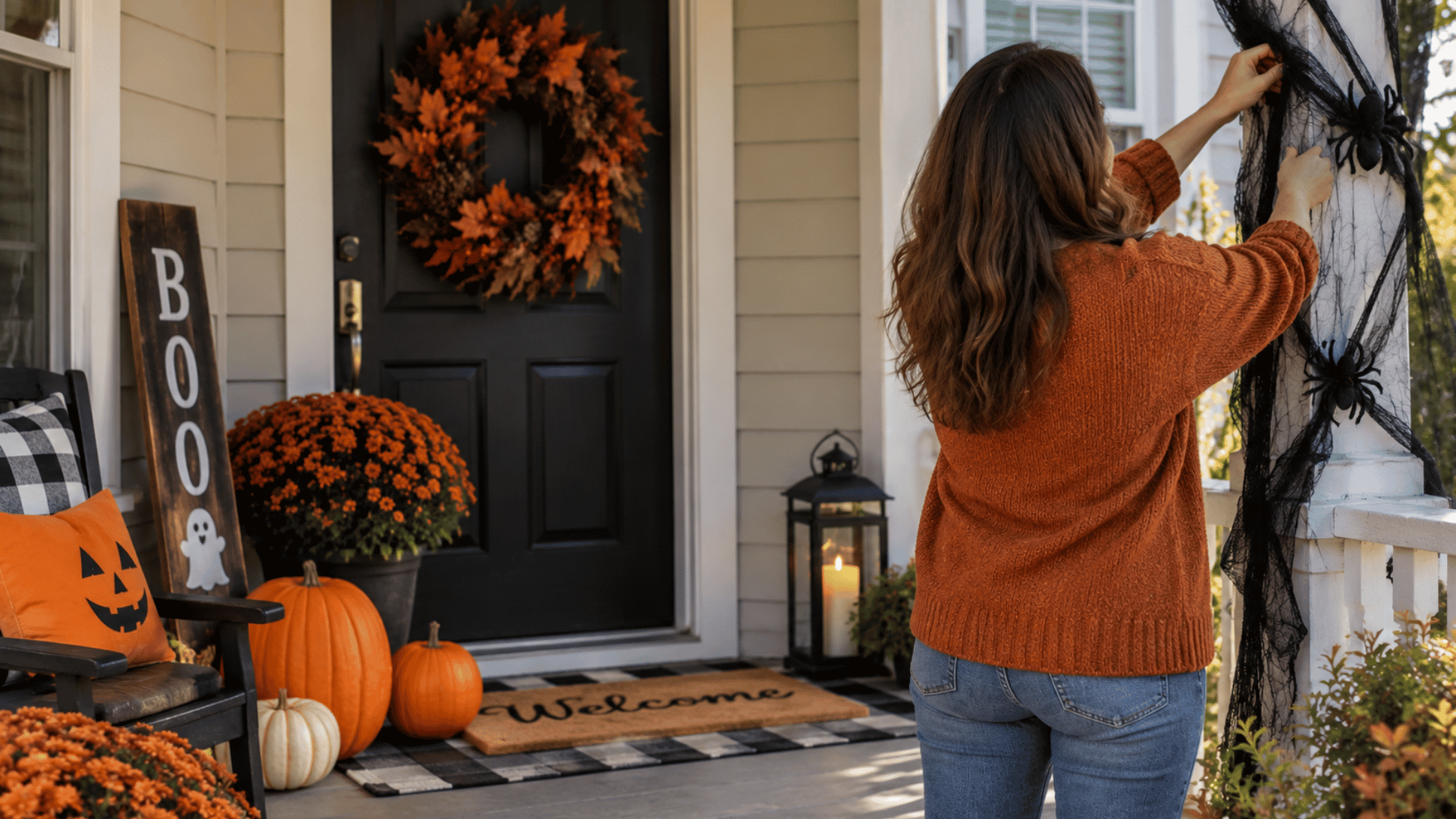 woman decorating her front porch with pumpkins, spiderwebs, and other Halloween decorations