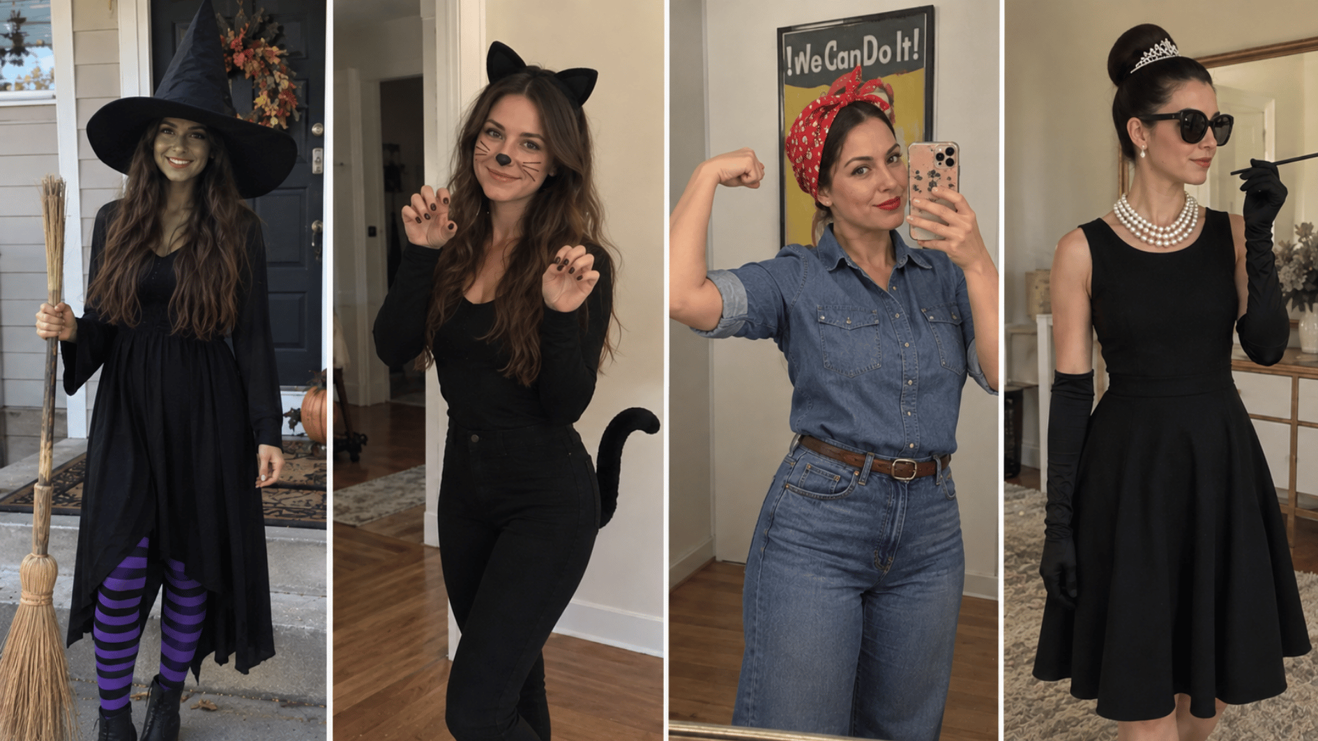 women wearing homemade witch, black cat, Rosie the Riveter, and Audrey Hepburn Halloween costumes