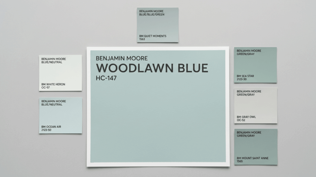 woodlawn blue paint card compared with soft blue green and gray cards to show its undertones