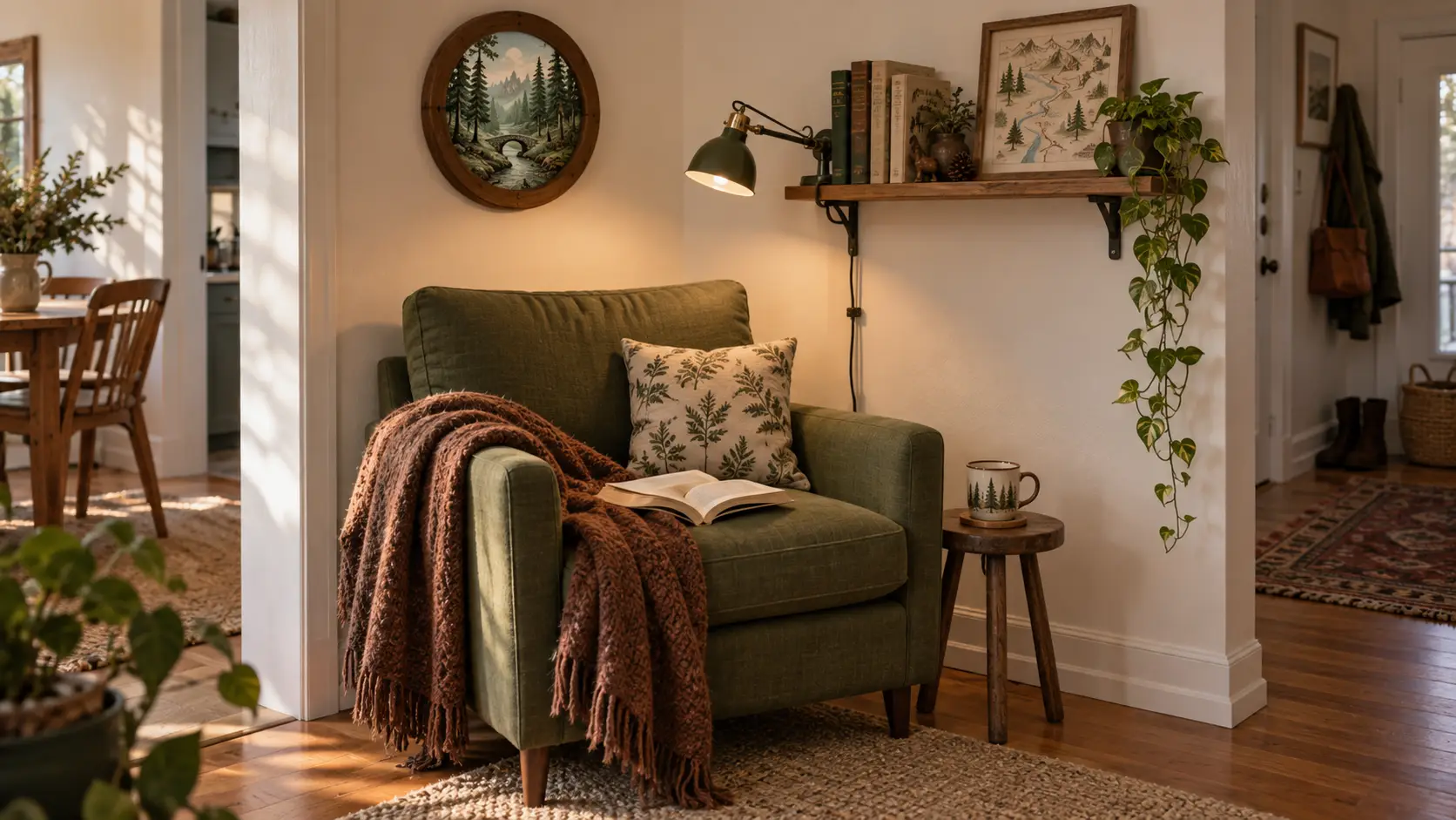 Cozy reading nook with green armchair, open book, and plant in warmly lit room