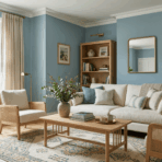 soft woodlawn blue walls with warm white trim natural wood and neutral furniture in a bright living room