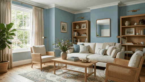 soft woodlawn blue walls with warm white trim natural wood and neutral furniture in a bright living room