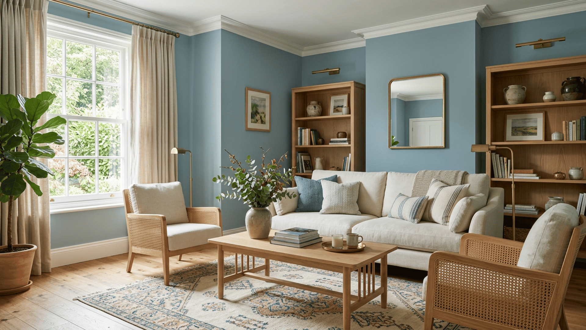 soft woodlawn blue walls with warm white trim natural wood and neutral furniture in a bright living room