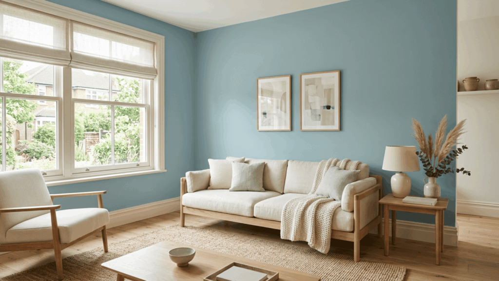 muted blue green woodlawn blue wall paired with cream textiles warm white trim and pale wood furniture