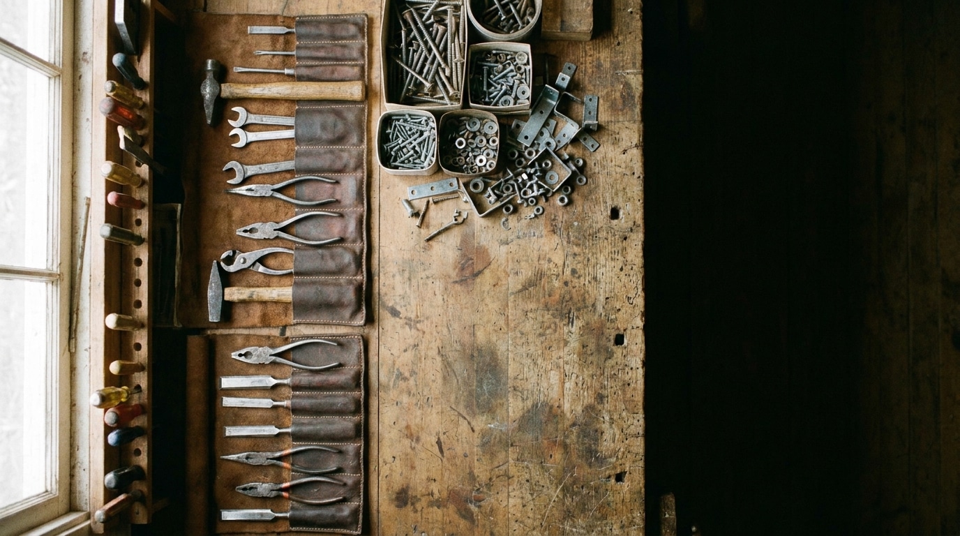 Hand tools neatly arranged on wooden workbench beside various nails and screws in boxes