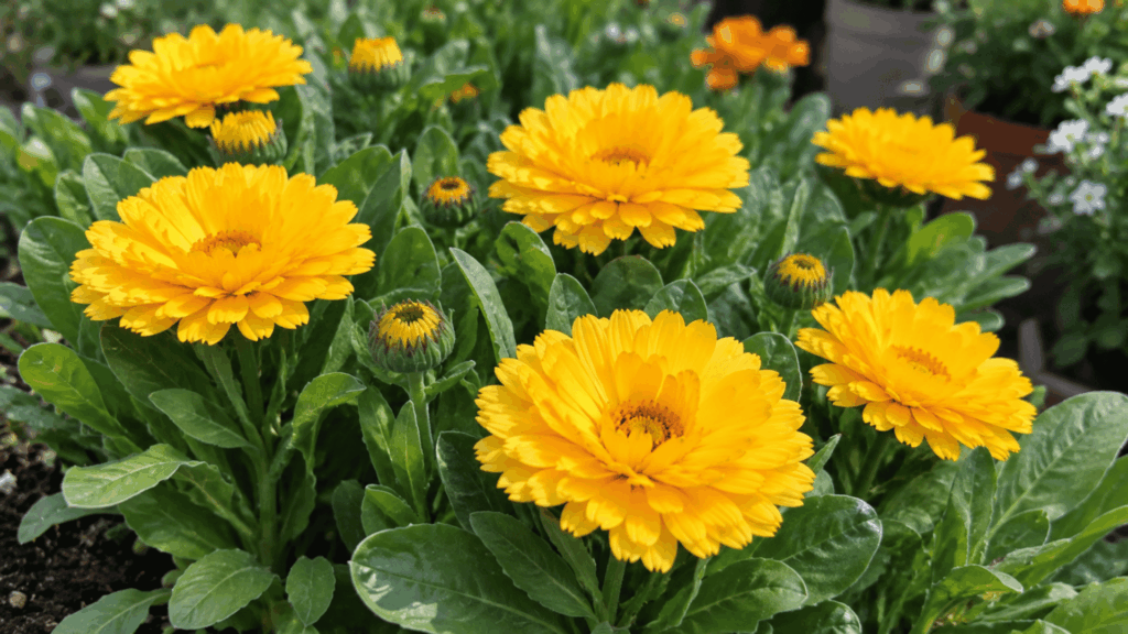 bright yellow calendula flowers blooming among green leaves in a sunny fall garden bed