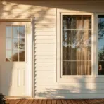 White house exterior with glass door and window reflecting evening sunlight on wooden deck