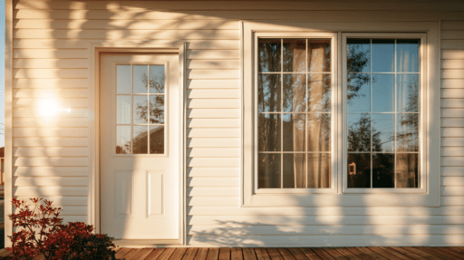 White house exterior with glass door and window reflecting evening sunlight on wooden deck