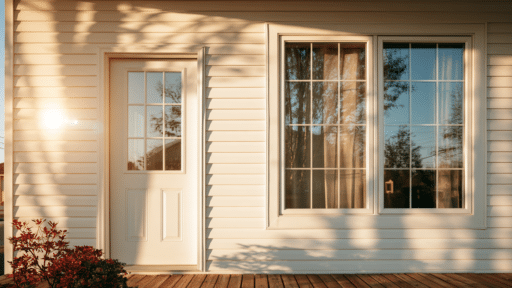 White house exterior with glass door and window reflecting evening sunlight on wooden deck