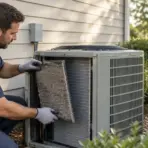 Technician removing dirty filter from outdoor air conditioning unit in garden setting