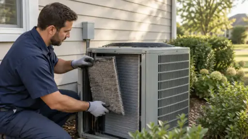 Technician removing dirty filter from outdoor air conditioning unit in garden setting