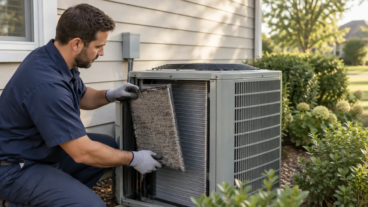 Technician removing dirty filter from outdoor air conditioning unit in garden setting