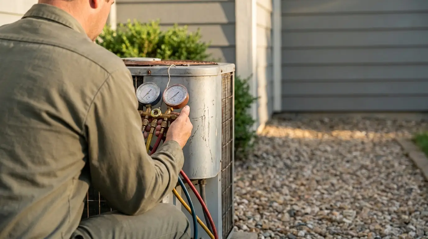 Technician in uniform checking outdoor air conditioning unit with pressure gauges in a gravel yard