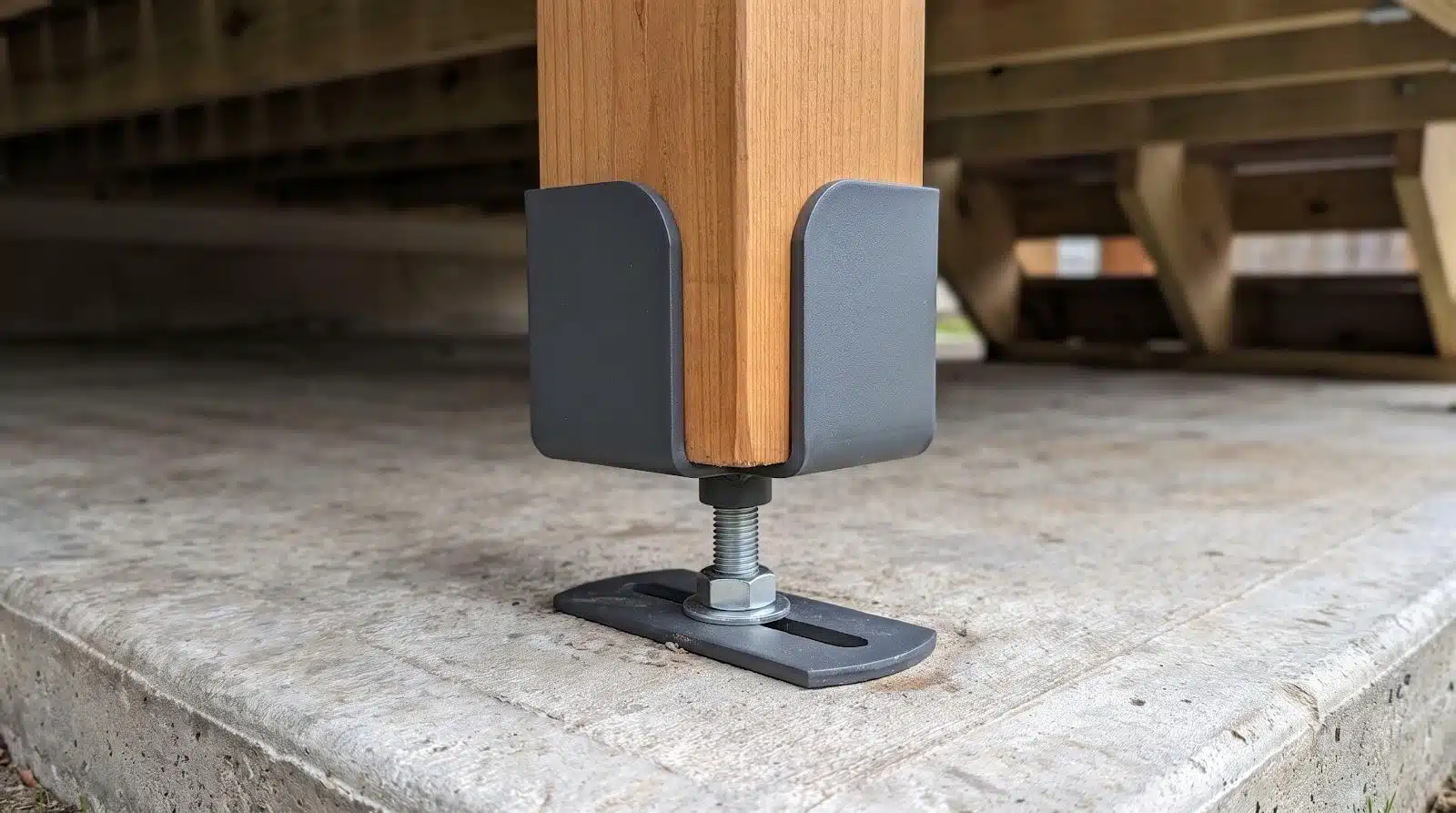 Wooden post secured with metal bracket on concrete foundation under a deck structure