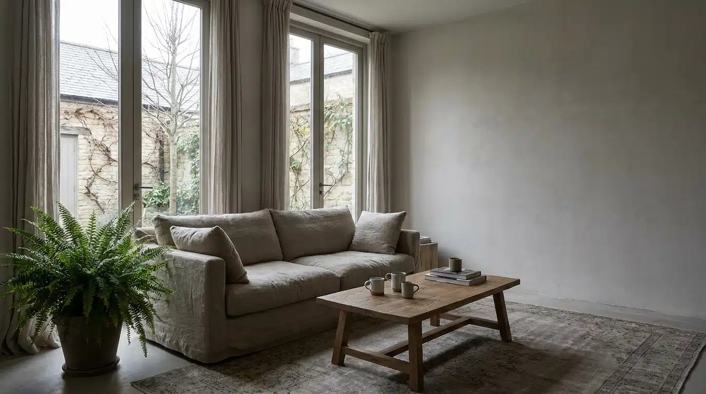 Minimalist living room with beige sofa, wooden coffee table, and large windows with curtains