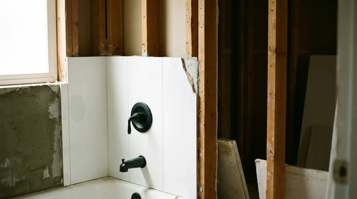 Bathroom renovation with exposed wooden framing and partially tiled walls in a bright room