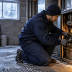 Technician in winter clothing repairing furnace in snowy basement with toolbox nearby