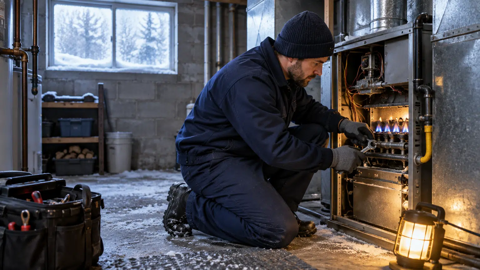 Technician in winter clothing repairing furnace in snowy basement with toolbox nearby