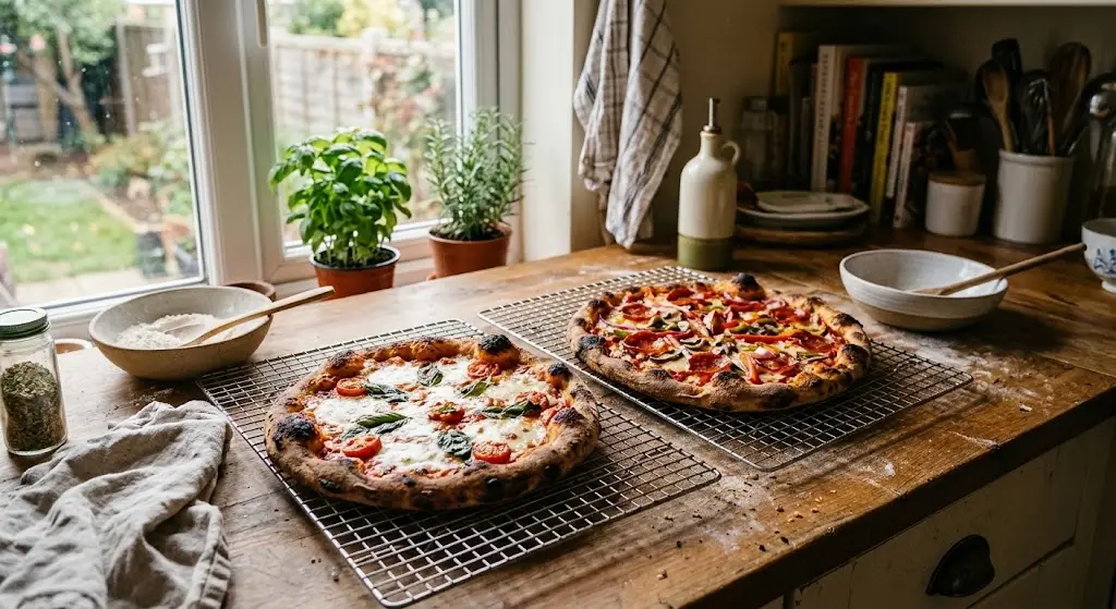 Pizzas cooling on wire racks in cozy kitchen with herbs and baking ingredients nearby