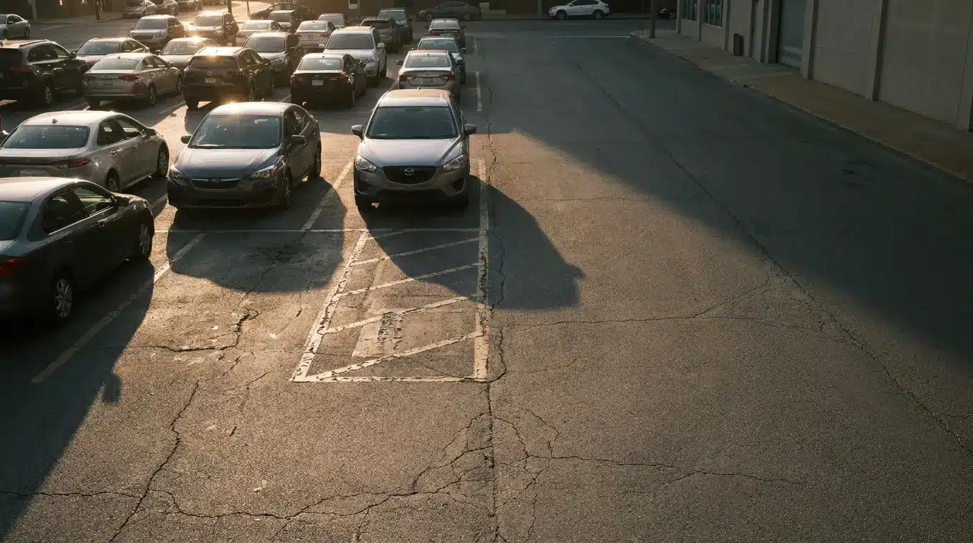 Cars parked in a sunlit parking lot with cracked asphalt and evening shadows