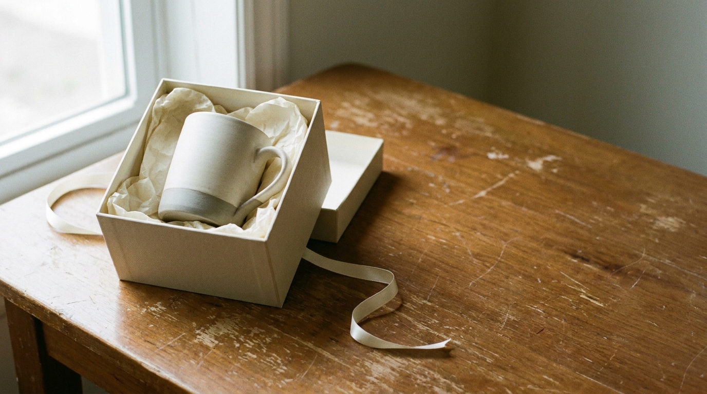Ceramic mug in a gift box on a wooden table by a window
