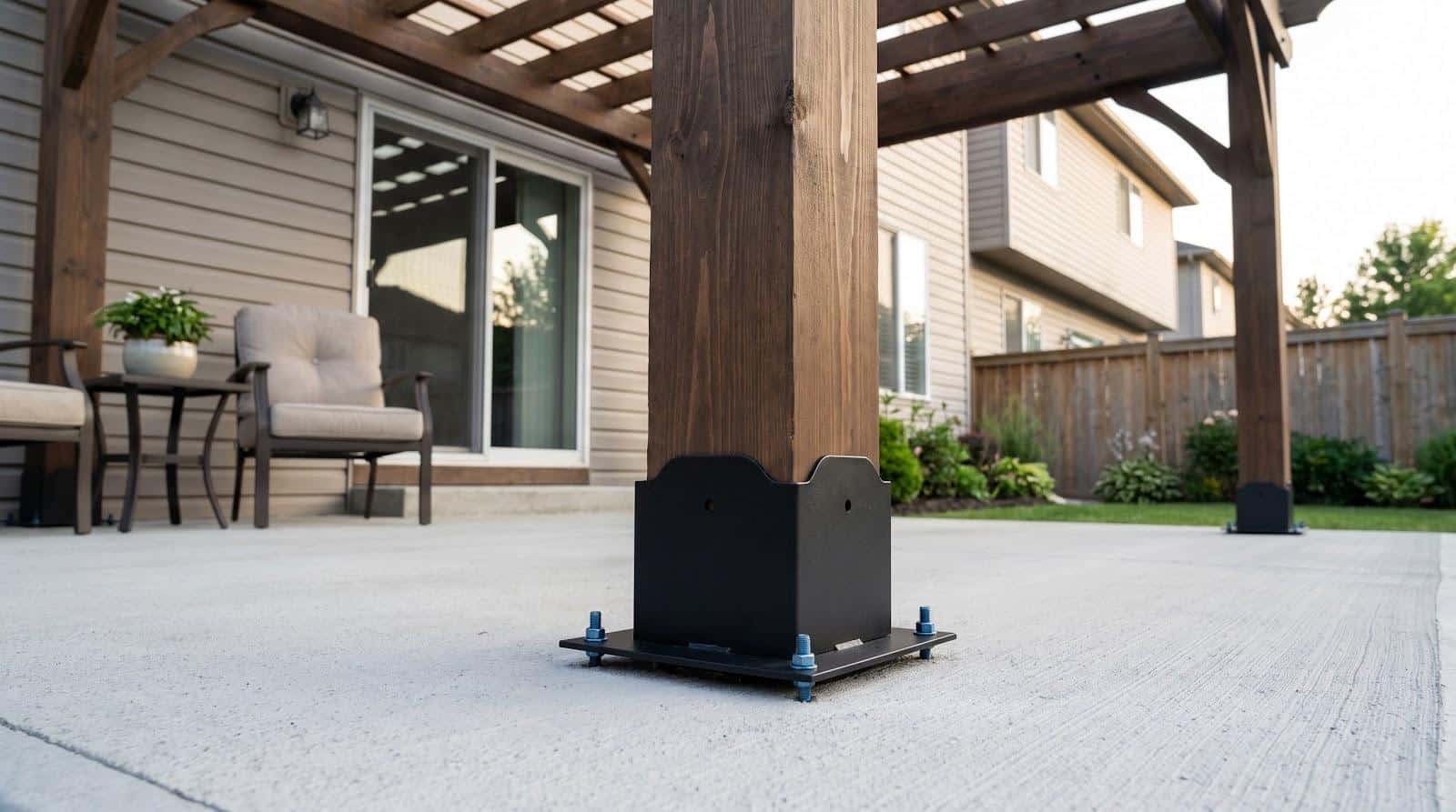 Wooden pergola post anchored on concrete patio with outdoor seating and potted plant nearby