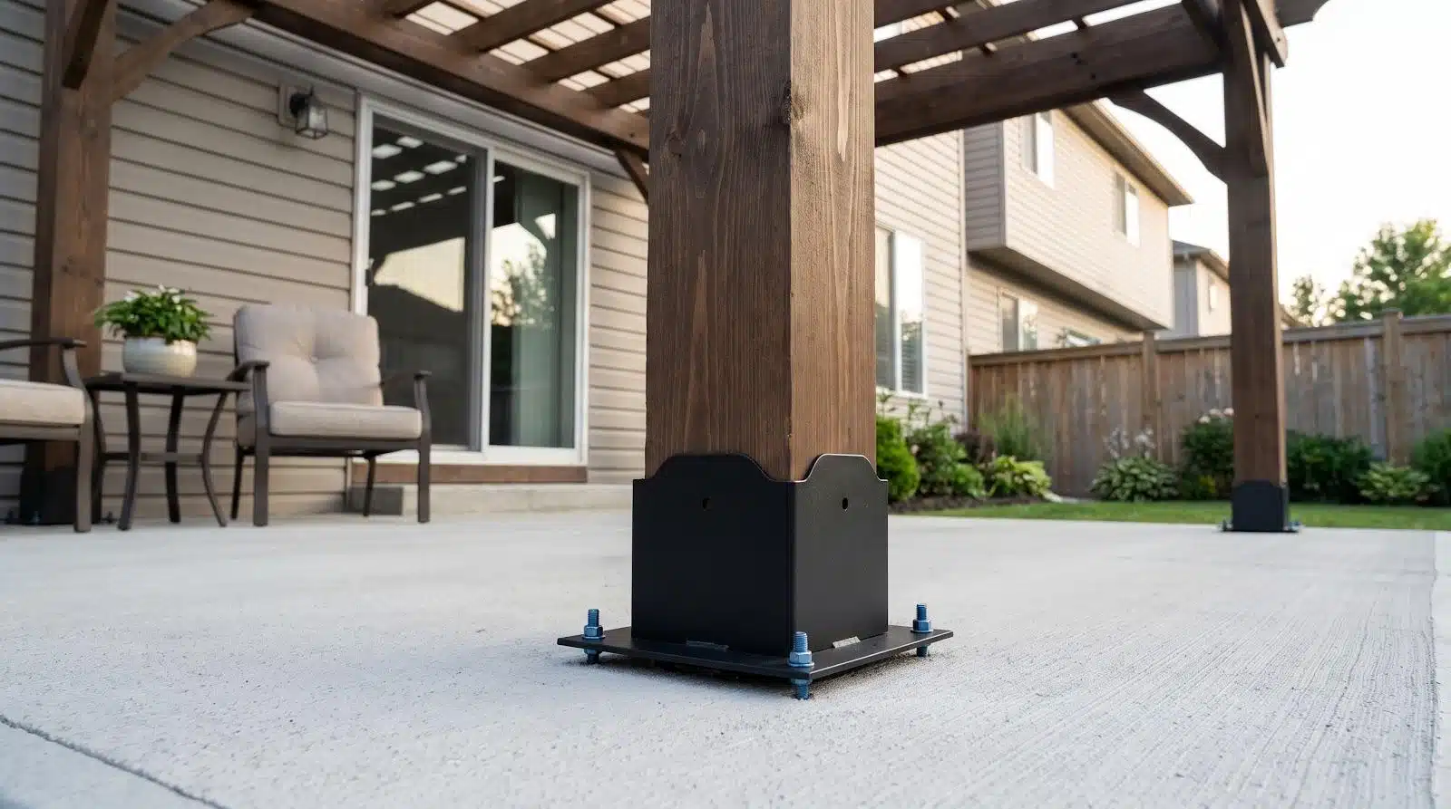 Wooden pergola post anchored on concrete patio with outdoor seating and potted plant nearby