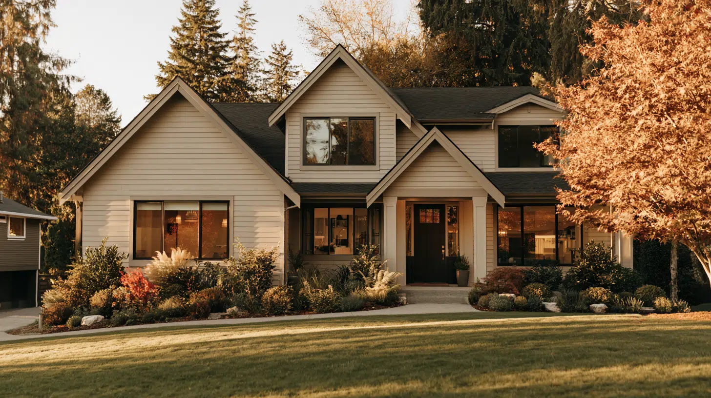 Beige two-story suburban house with lush garden in autumn afternoon light