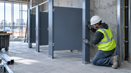 Construction worker installing restroom partitions in an unfinished building site