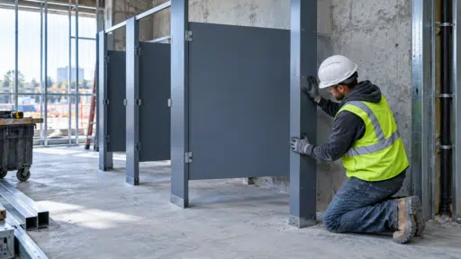Construction worker installing restroom partitions in an unfinished building site