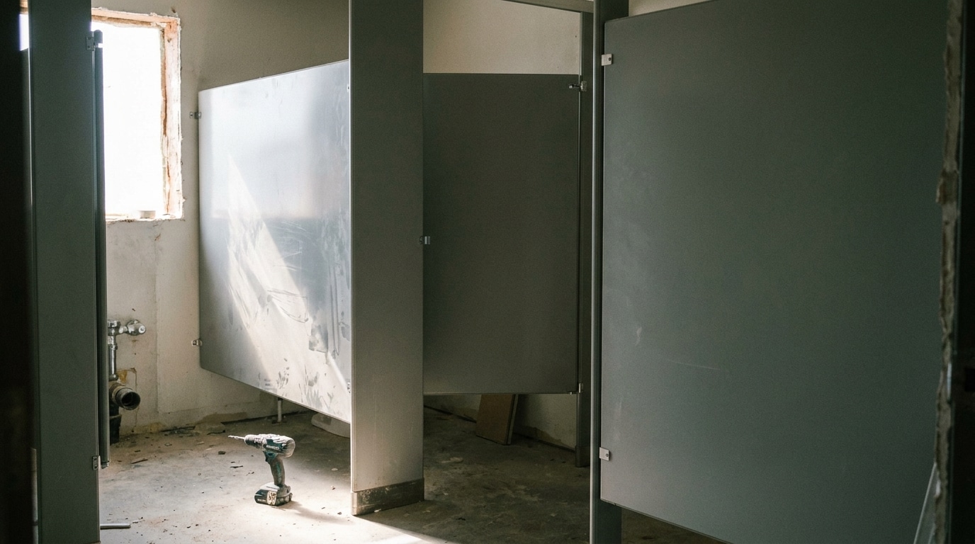 Construction site bathroom stall installation with power drill on unfinished concrete floor