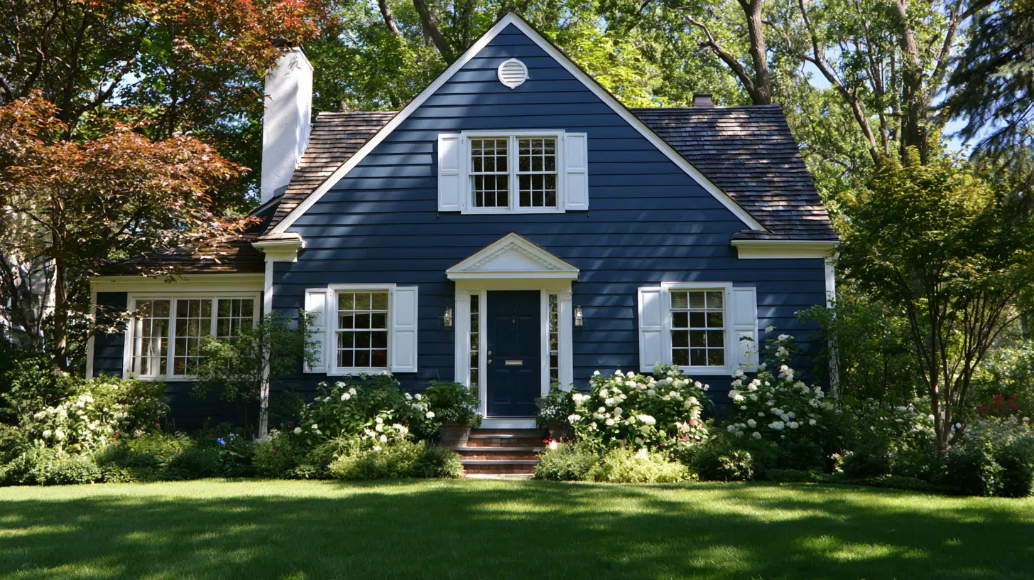 Charming blue cottage surrounded by lush greenery and blooming garden in sunny outdoor setting