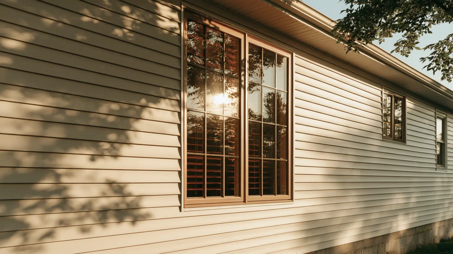 Sunlight reflecting on house siding and window with tree shadow in warm afternoon light