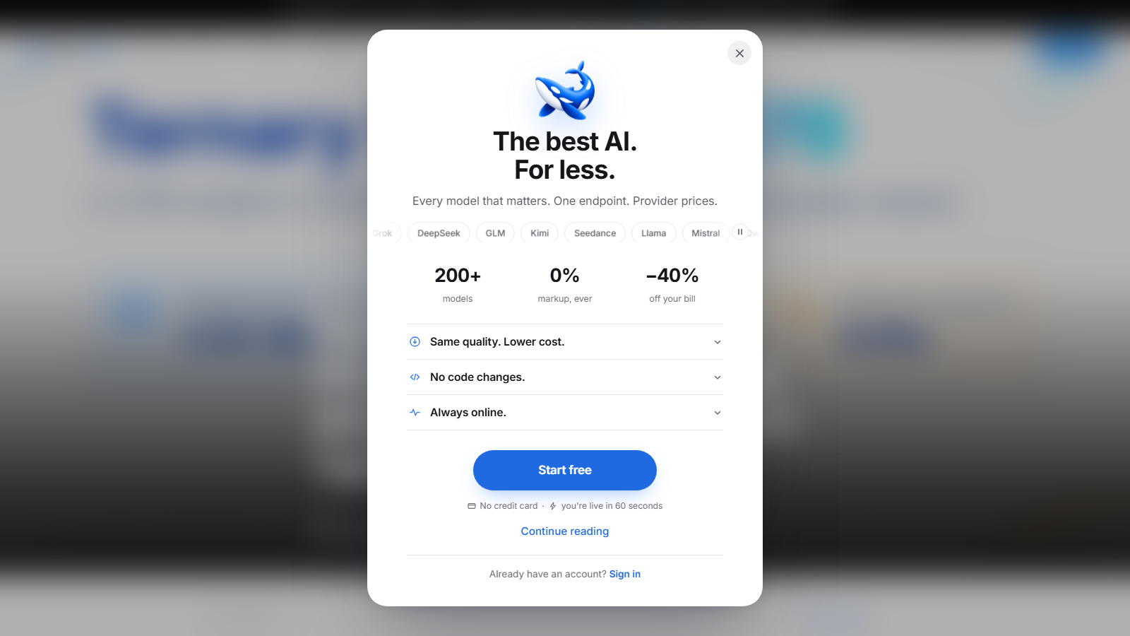 Popup window with promotional text and blue whale logo on blurred webpage background