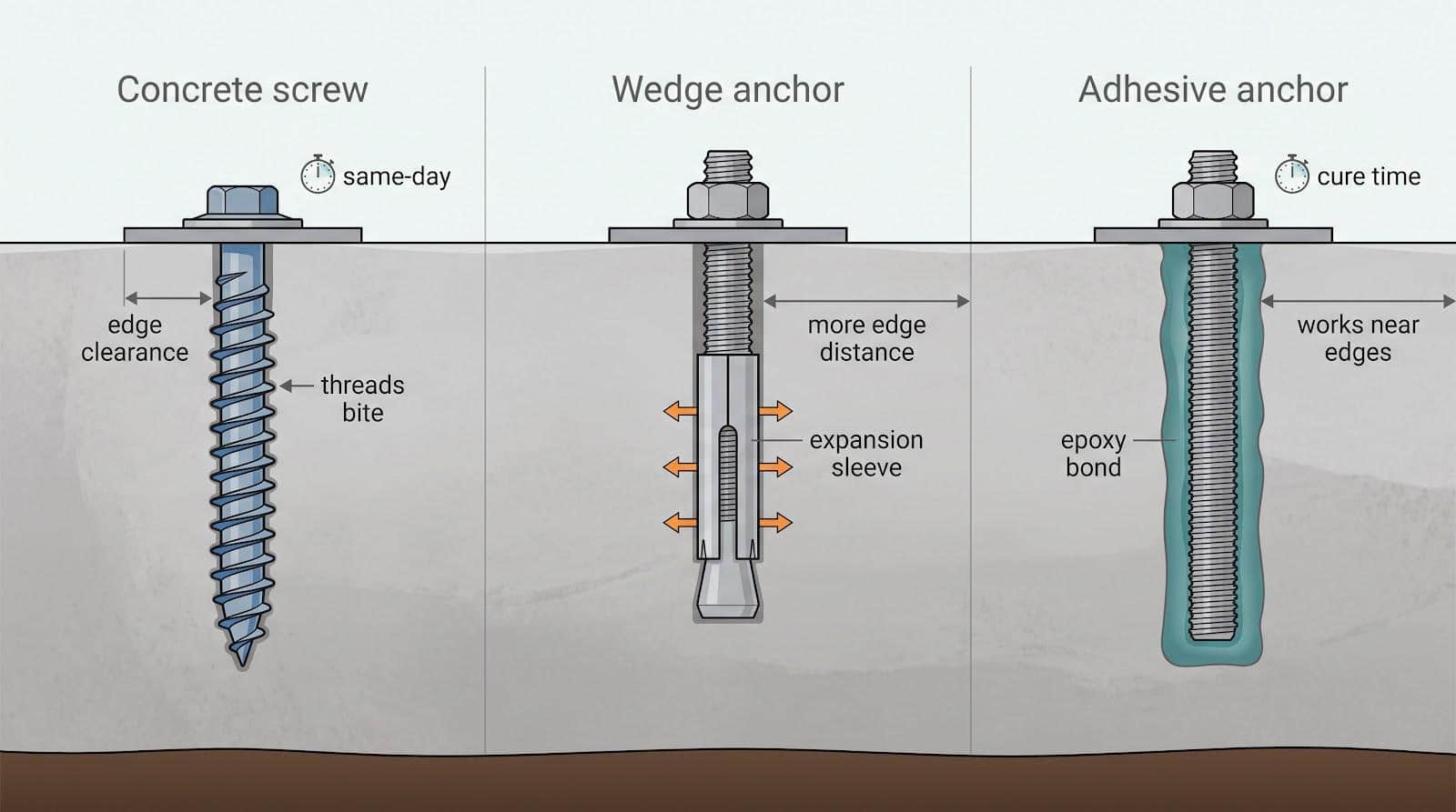 Diagram comparing concrete screw, wedge anchor, and adhesive anchor in cross-section view