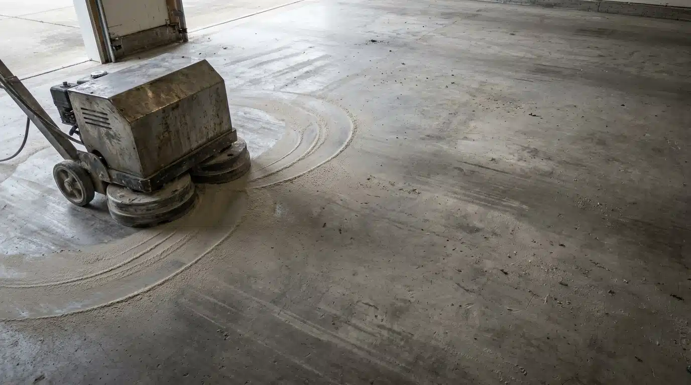 Industrial floor grinder polishing concrete surface in dimly lit garage setting