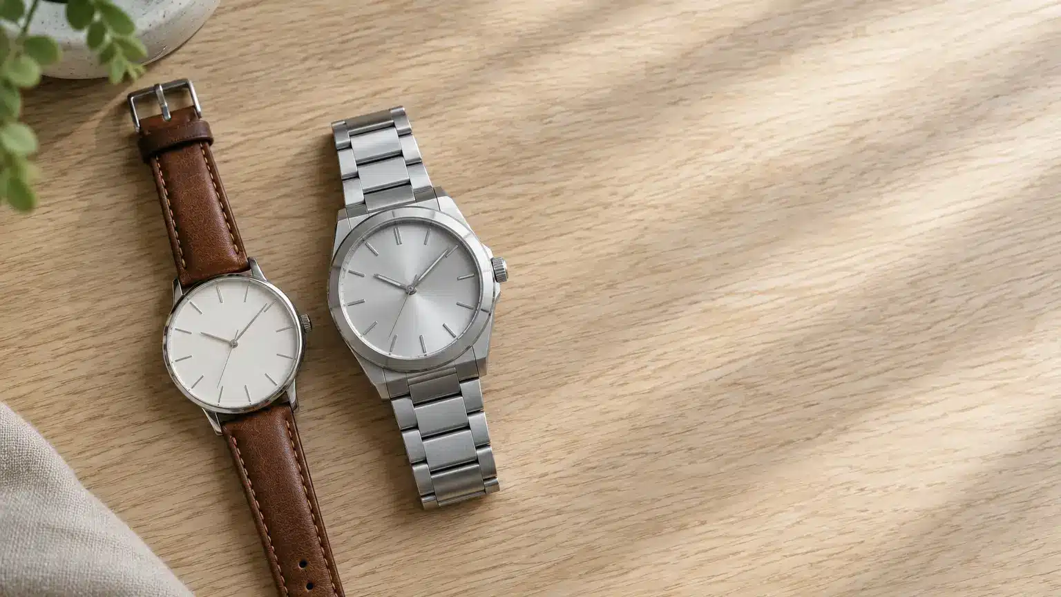Two wristwatches with leather and metal bands on a light wooden surface under soft sunlight