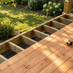 Wooden deck under construction in sunlit backyard with tape measure and pencil on planks