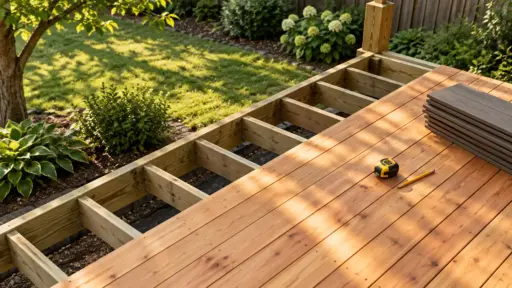 Wooden deck under construction in sunlit backyard with tape measure and pencil on planks