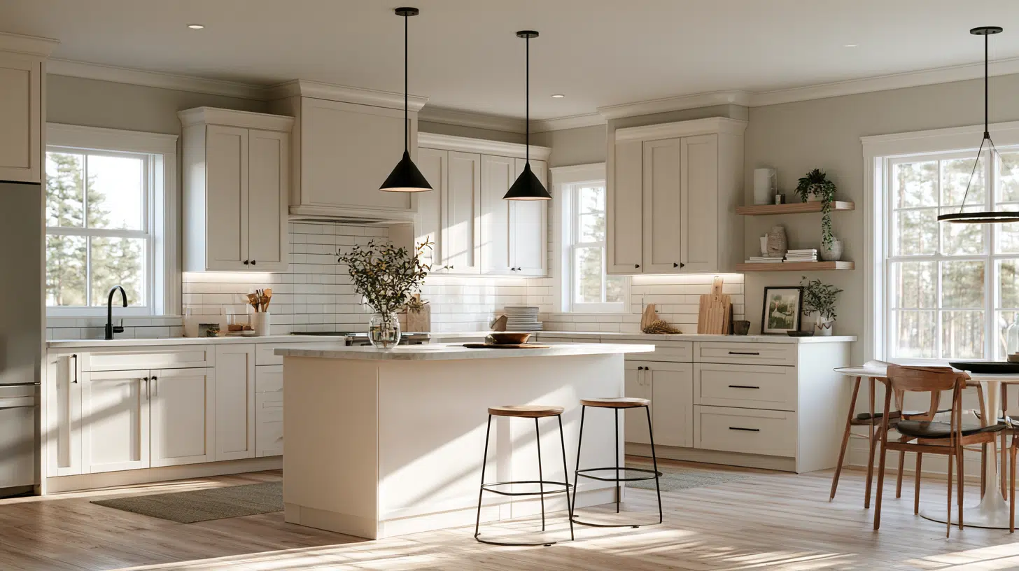 Modern kitchen with white cabinets, island, and bar stools under pendant lights
