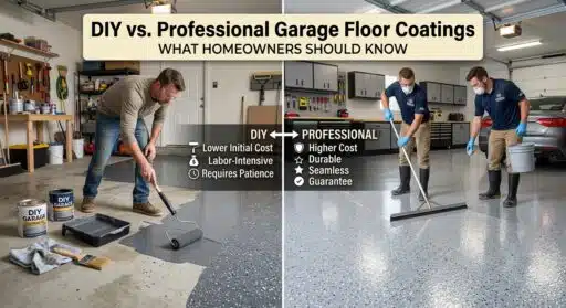 Two men applying garage floor coatings, left DIY with tools, right professional with equipment