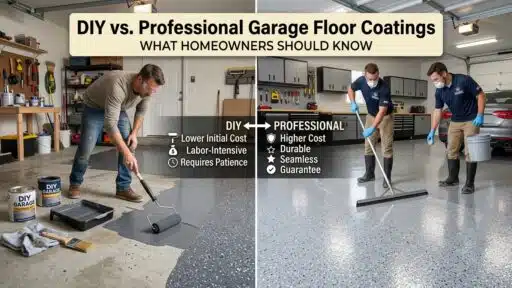 Two men applying garage floor coatings, left DIY with tools, right professional with equipment